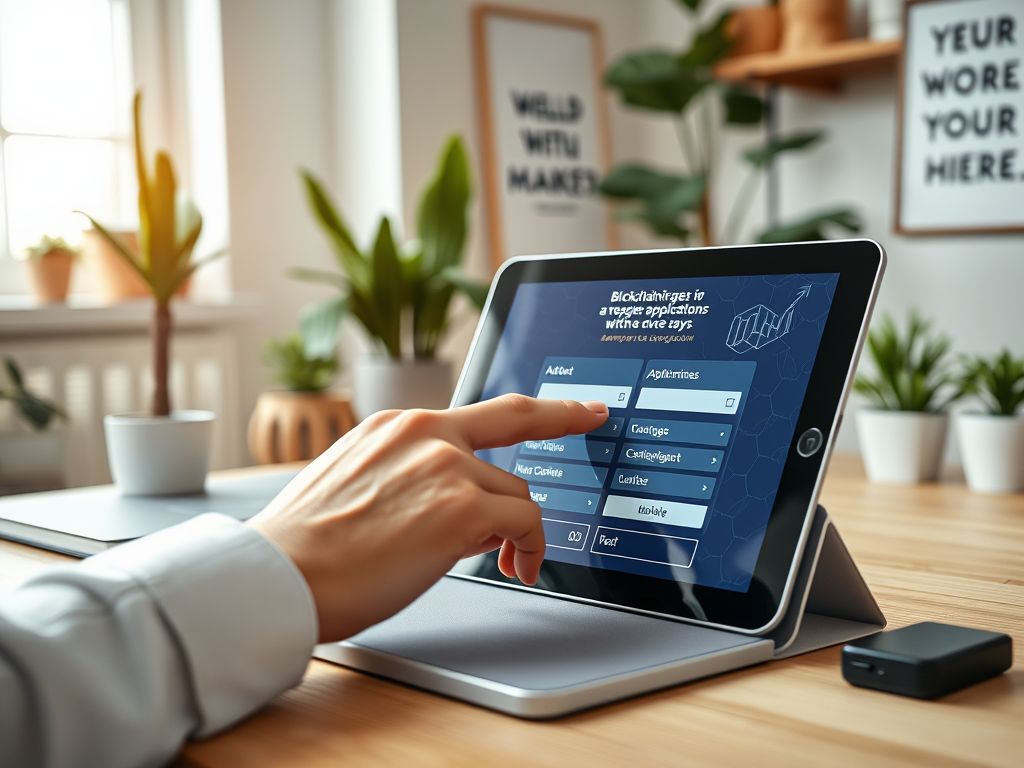 На изображении человек взаимодействует с планшетом, открытым на приложении для блокчейна.