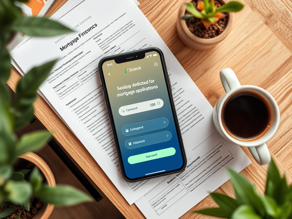 На столе лежат документы по ипотечным финансам, телефон с приложением и чашка кофе.