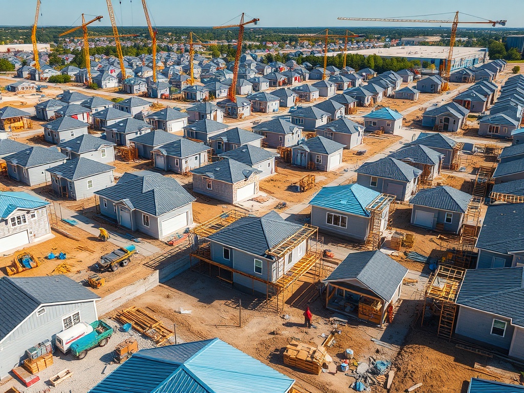 Строительство нового жилого района с множеством домов. Вверху два крана работают над строительством.