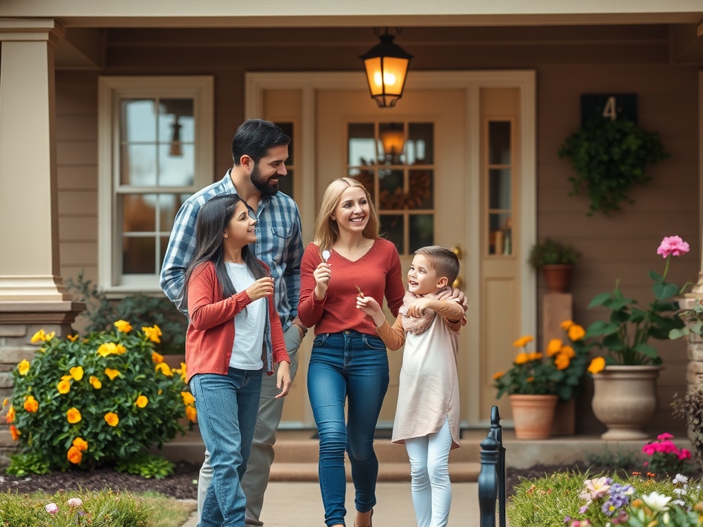 Семья стоит на крыльце дома, наслаждаясь мороженым и веселой беседой в окружении цветов.