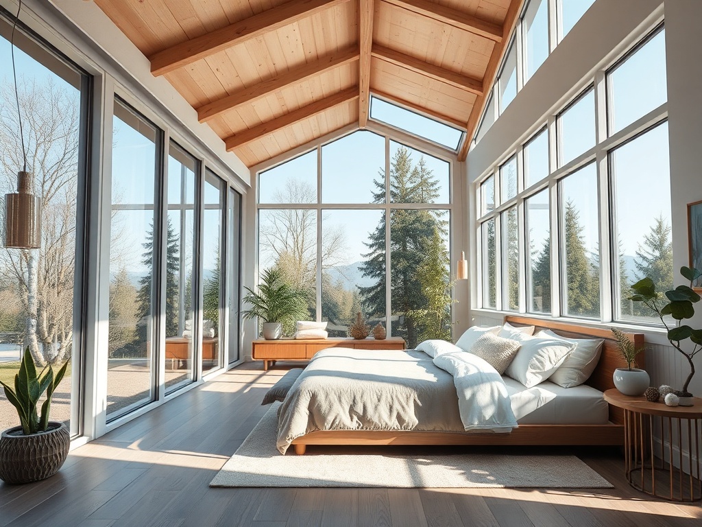 Современная спальня с большими окнами, деревянной мебелью и растениями, заливающая светом и уютом.