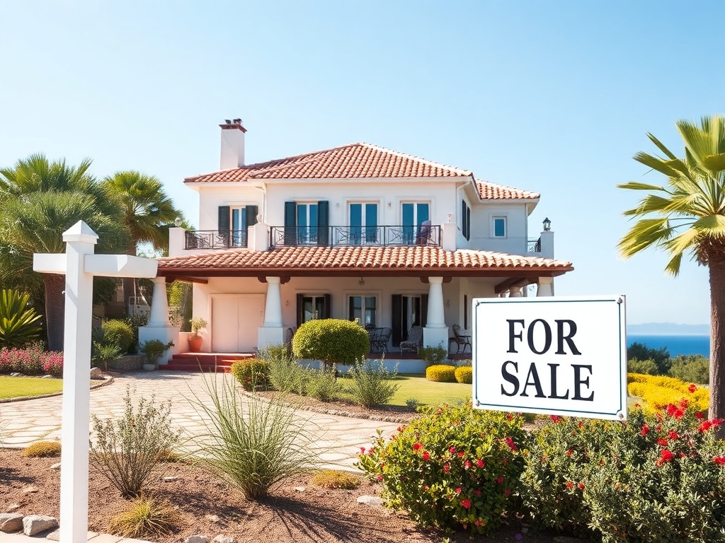 Просторный дом с садом и бассейном, выставленный на продажу. Яркое солнце и зелень вокруг.