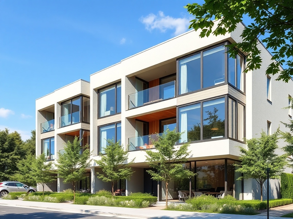 Современное здание с балконами, зелеными деревьями и ясным небом. Архитектура в стиле минимализм.