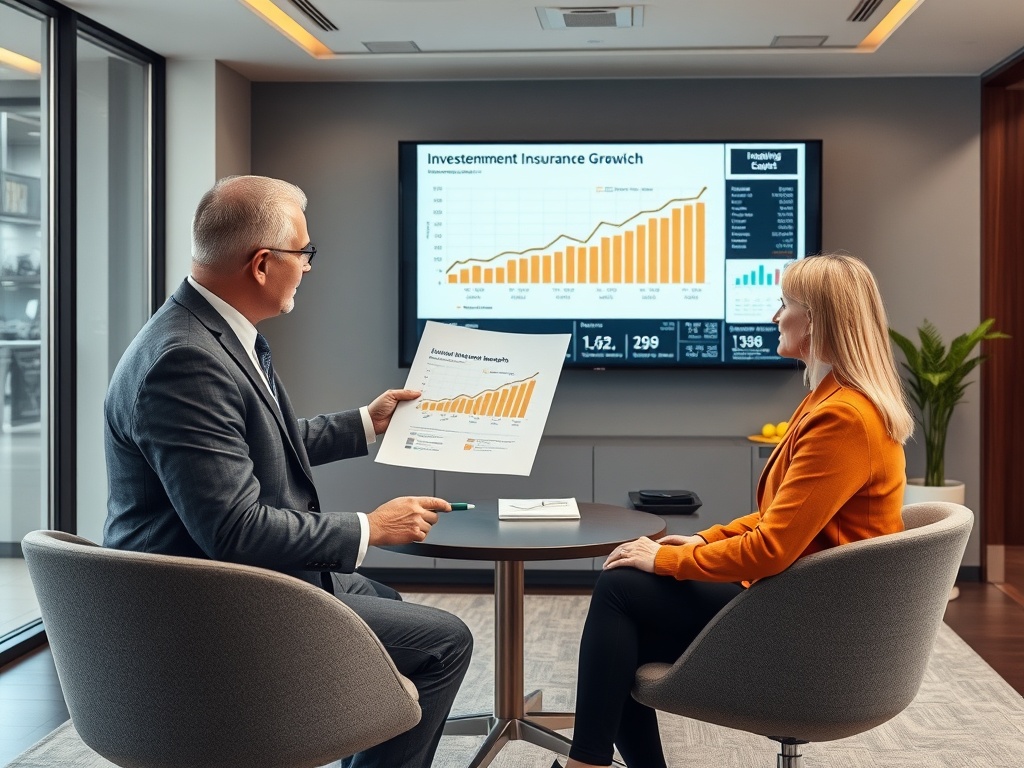 Два человека обсуждают графики роста инвестиционного страхования в современном офисе.