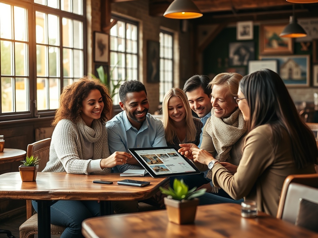 Группа из шести людей обсуждает что-то на планшете в уютном кафе. На столе стоят растения.