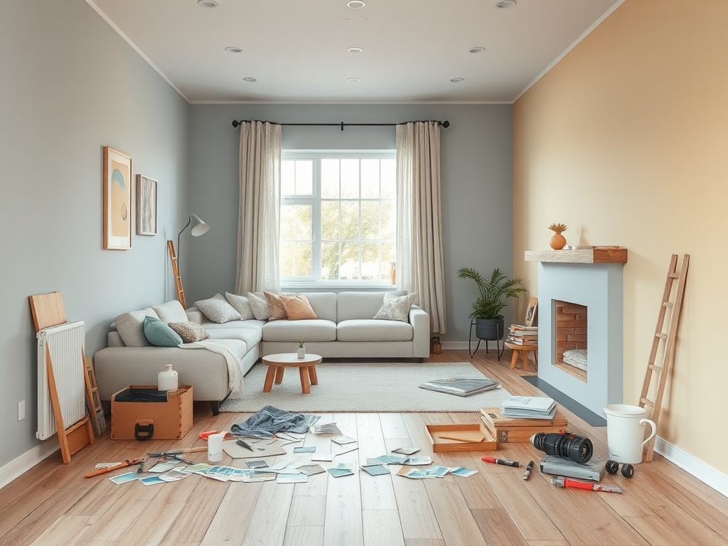 Современная гостиная с мебелью, инструментами и материалами для ремонта на полу. Солнечный свет через окно.