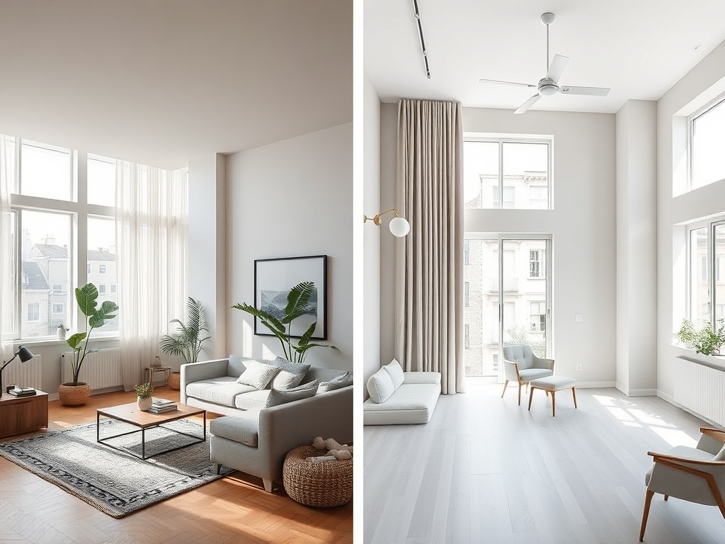 Светлый и современный интерьер гостиной с большими окнами и минималистичной мебелью.