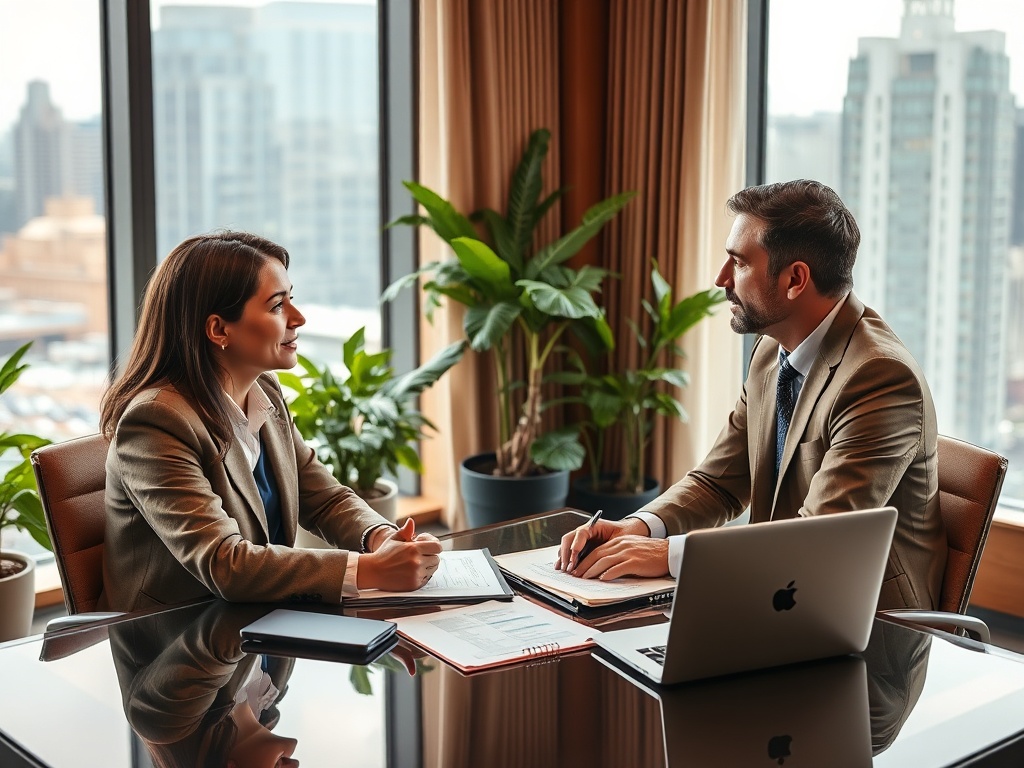 Два работника обсуждают проекты в офисе, рядом ноутбук и растения в горшках. Вид на город через окно.