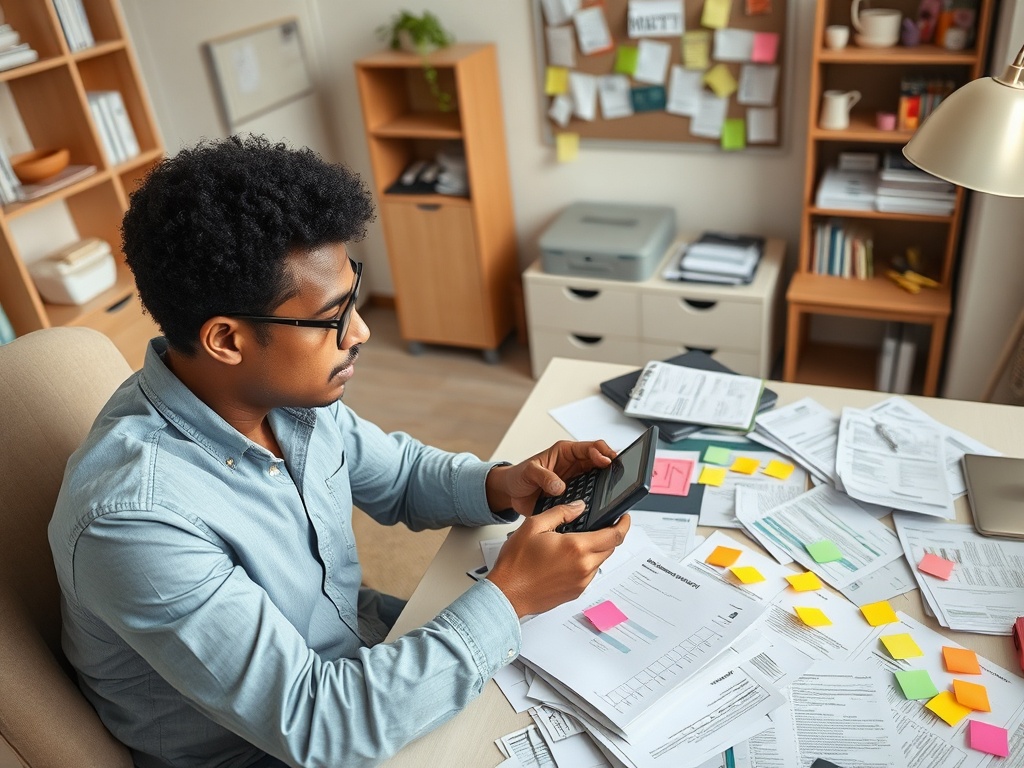 Мужчина сидит за столом, смотрит на телефон. На столе много бумаг и стикеров. Обстановка офисная.
