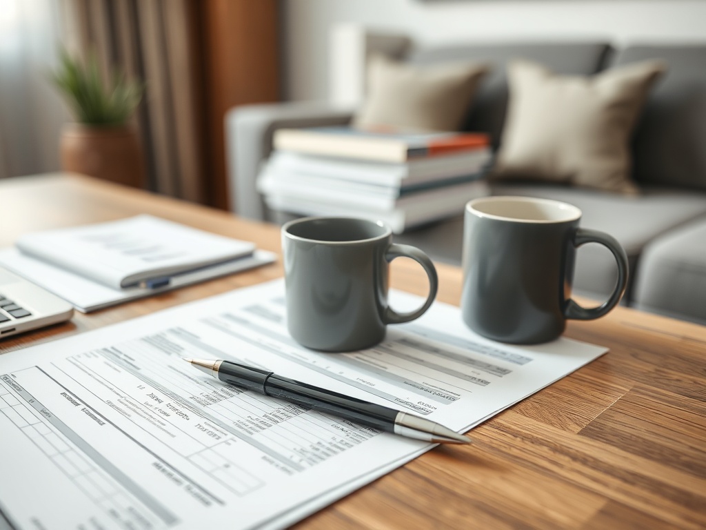 На столе документы, ручка и две серые кружки с кофе на фоне уютной комнаты.
