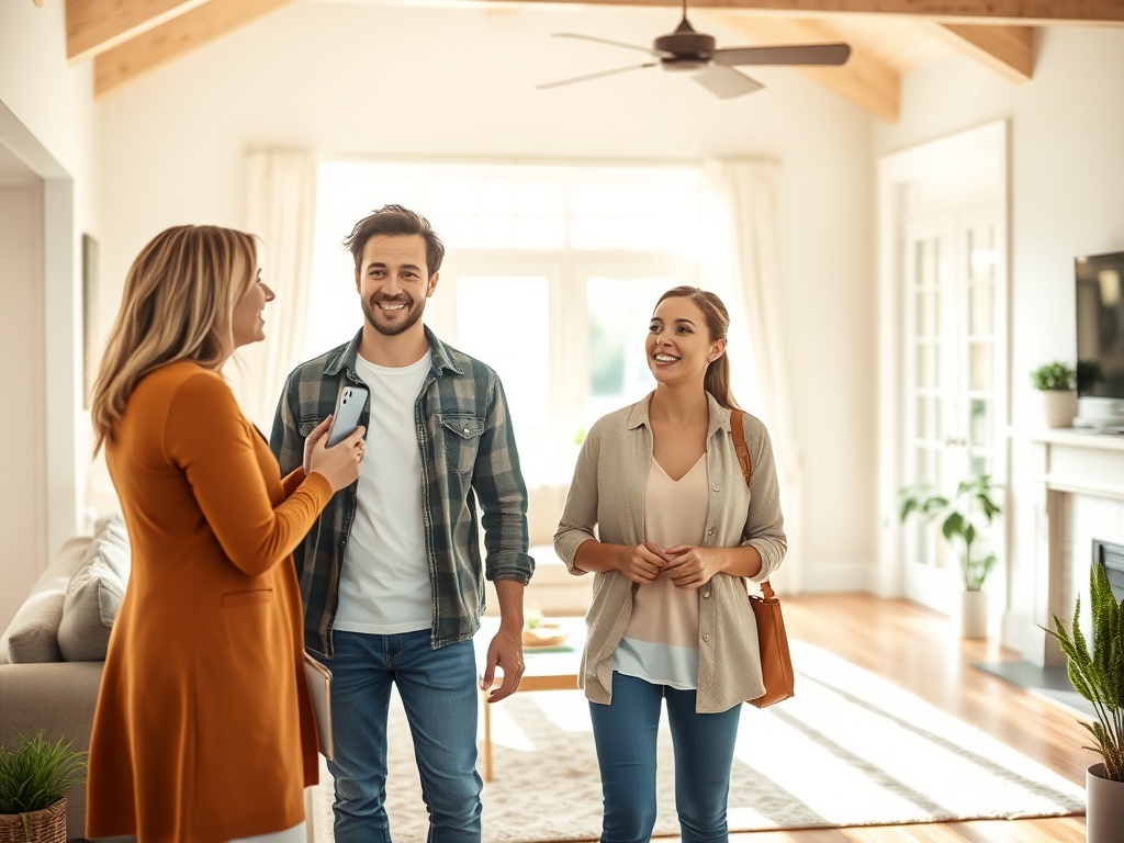 Внутри светлого дома трое людей общаются и улыбаются, один держит телефон, а двое слушают.