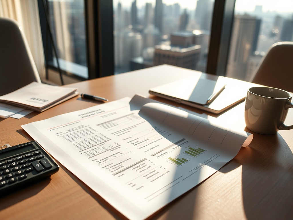 Документы, калькулятор и чашка кофе на столе с видом на городской пейзаж через окно.