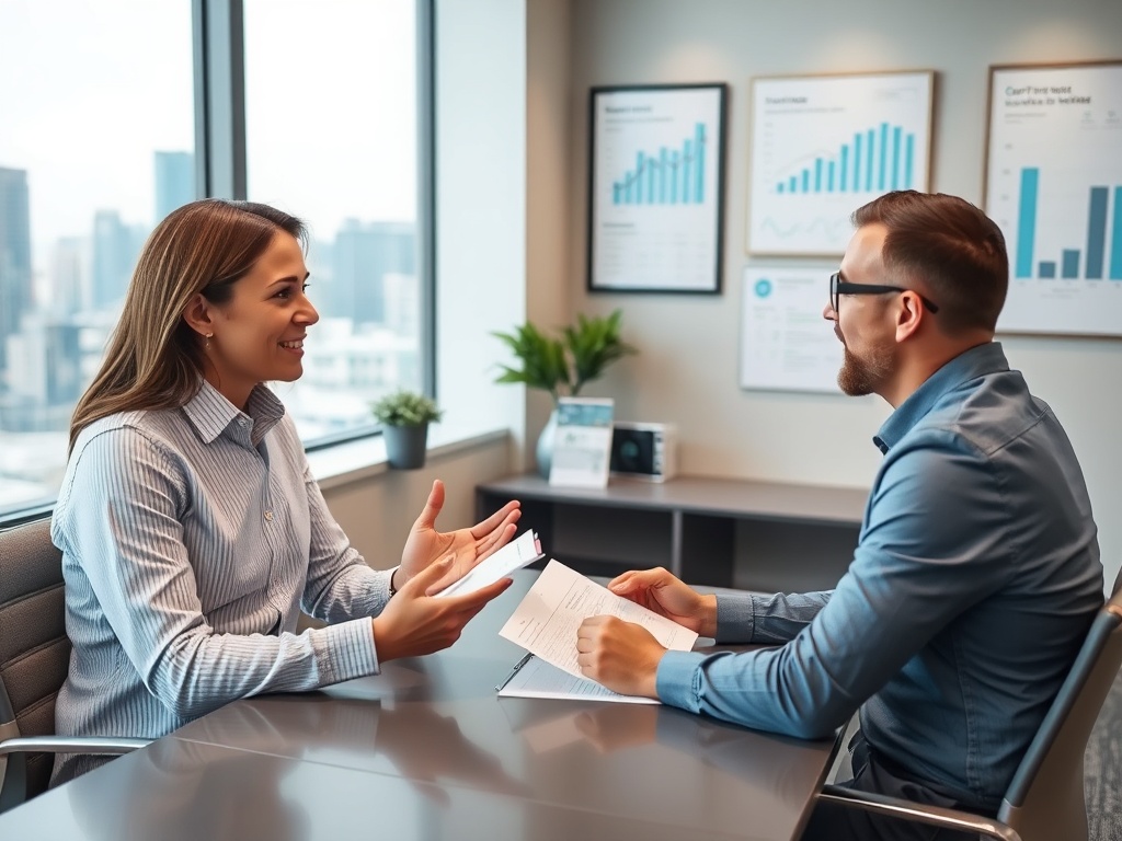 Два человека беседуют за столом в офисе. Видны графики на стене и городской пейзаж за окном.